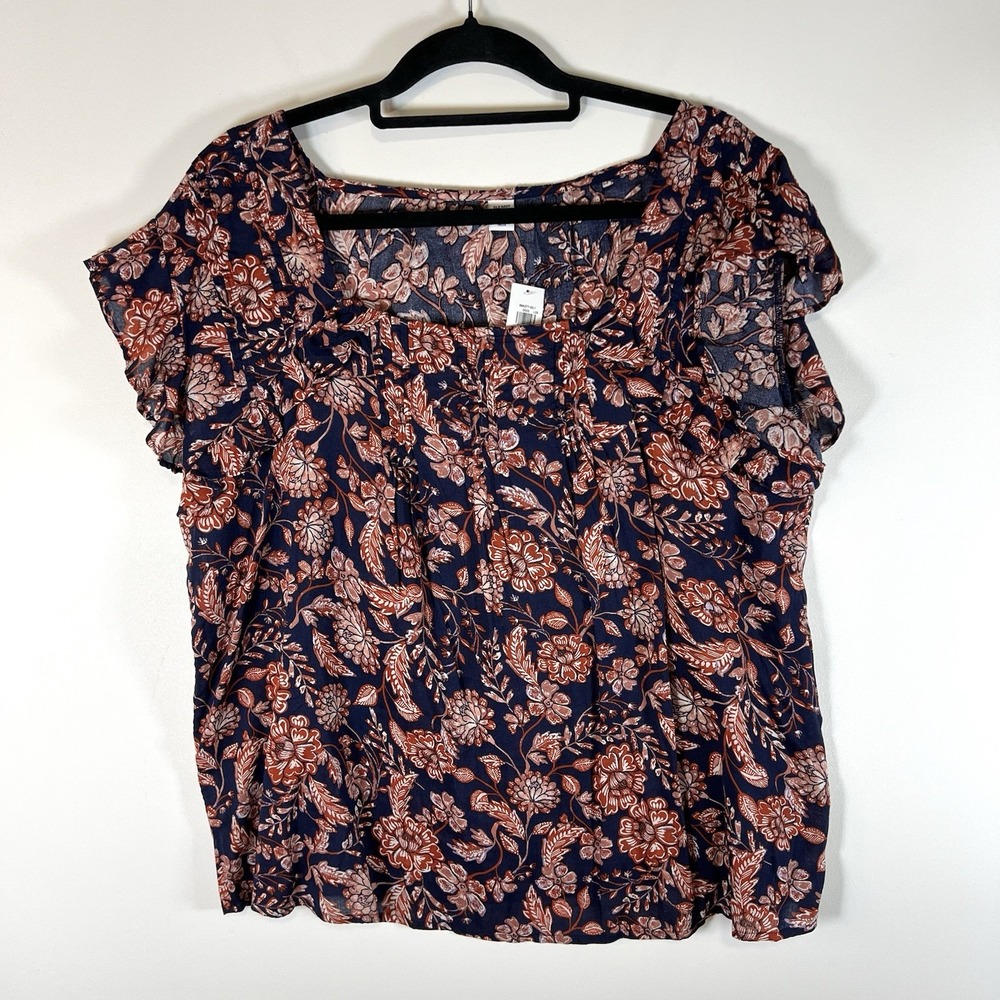 Old Navy Blouse Women Large Blue Floral Short Sleeve Cotton Casual NWT Boho